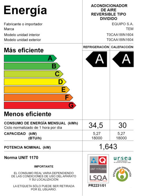 Aire Acondicionado TEM 18000 BTU Inverter