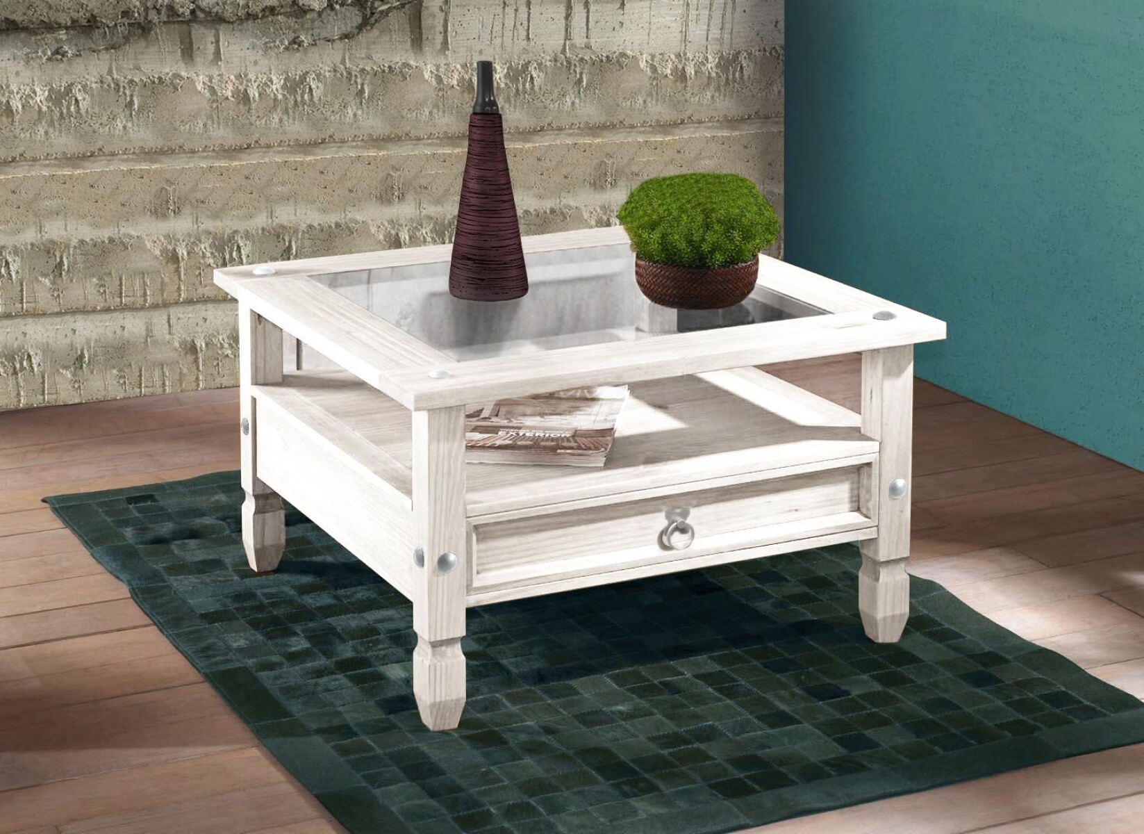 Mesa Ratona Vidrio 1 Cajón Cuadrada Blanca UV SMGB