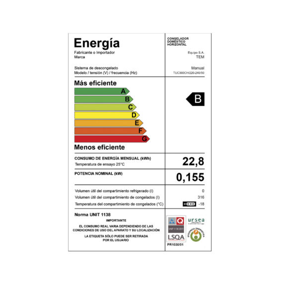 Freezer Horizontal TEM TUC360CH Capacidad 316Lts